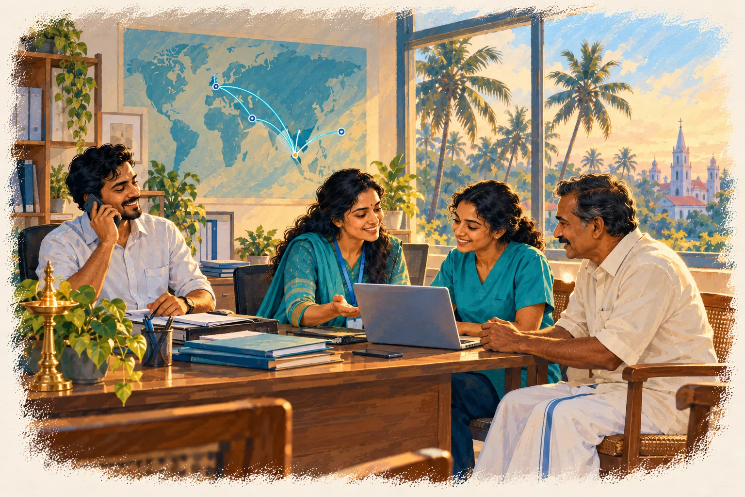 The JobTal team in their Kerala office: one on a reassuring phone call, another showing a nurse and her father the portal on a laptop.