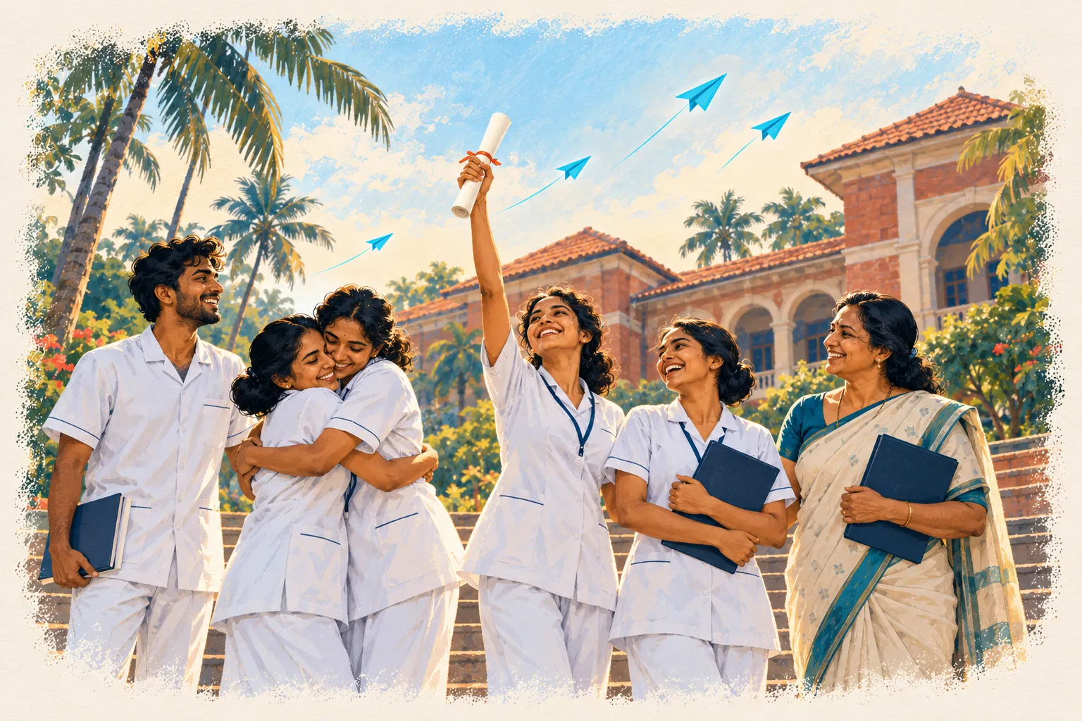 Nursing graduates in white uniforms celebrating on the steps of their college in Kerala, with their placement teacher.