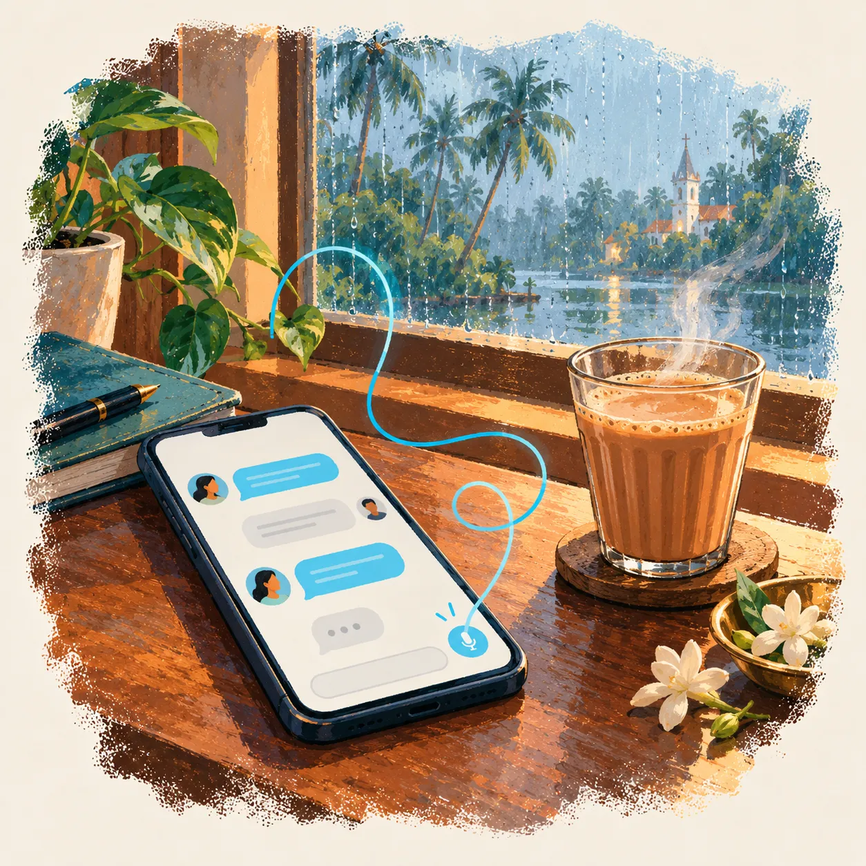 A phone on a wooden table with a chat open, a cup of chai, and rain on the window over Kerala palms.