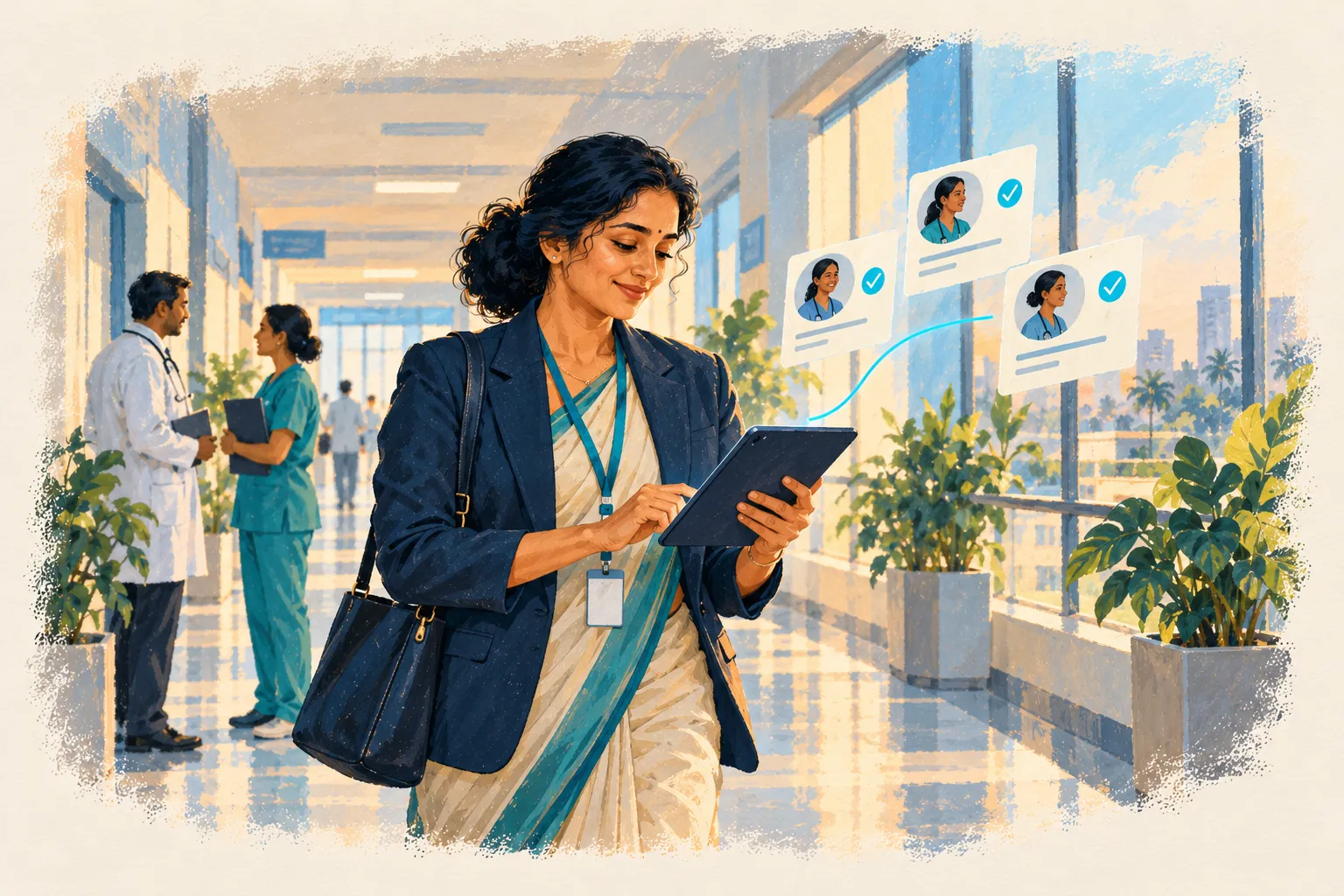 A hospital HR manager in a bright corridor reviewing three shortlisted nurse profiles on a tablet.