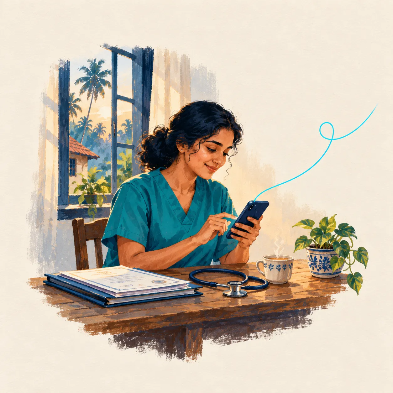 A nurse at her table at home, filling her JobTal profile on her phone, with her certificates beside her.