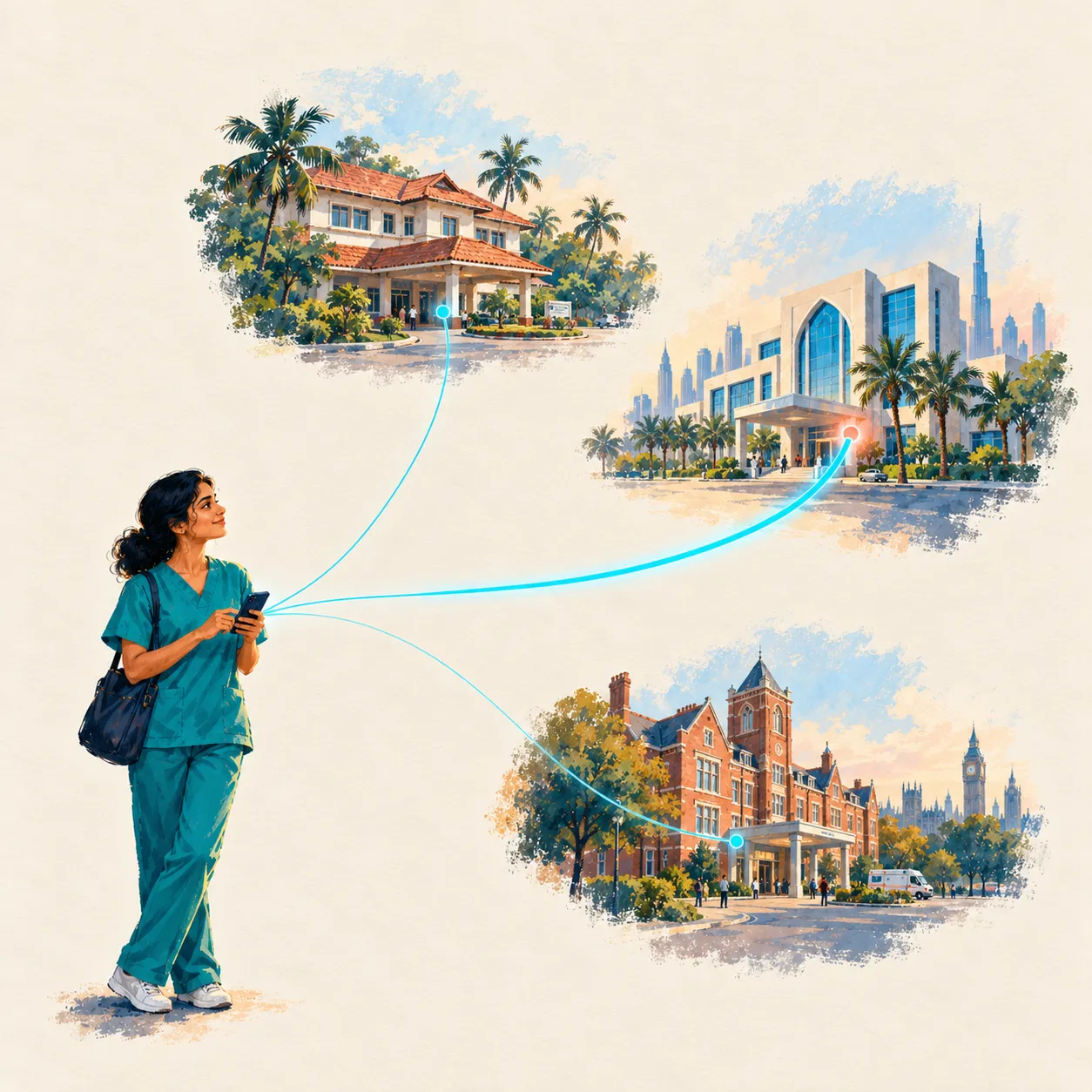 The nurse on the left, with cyan threads running to three hospitals in Kerala, the Gulf and the UK.