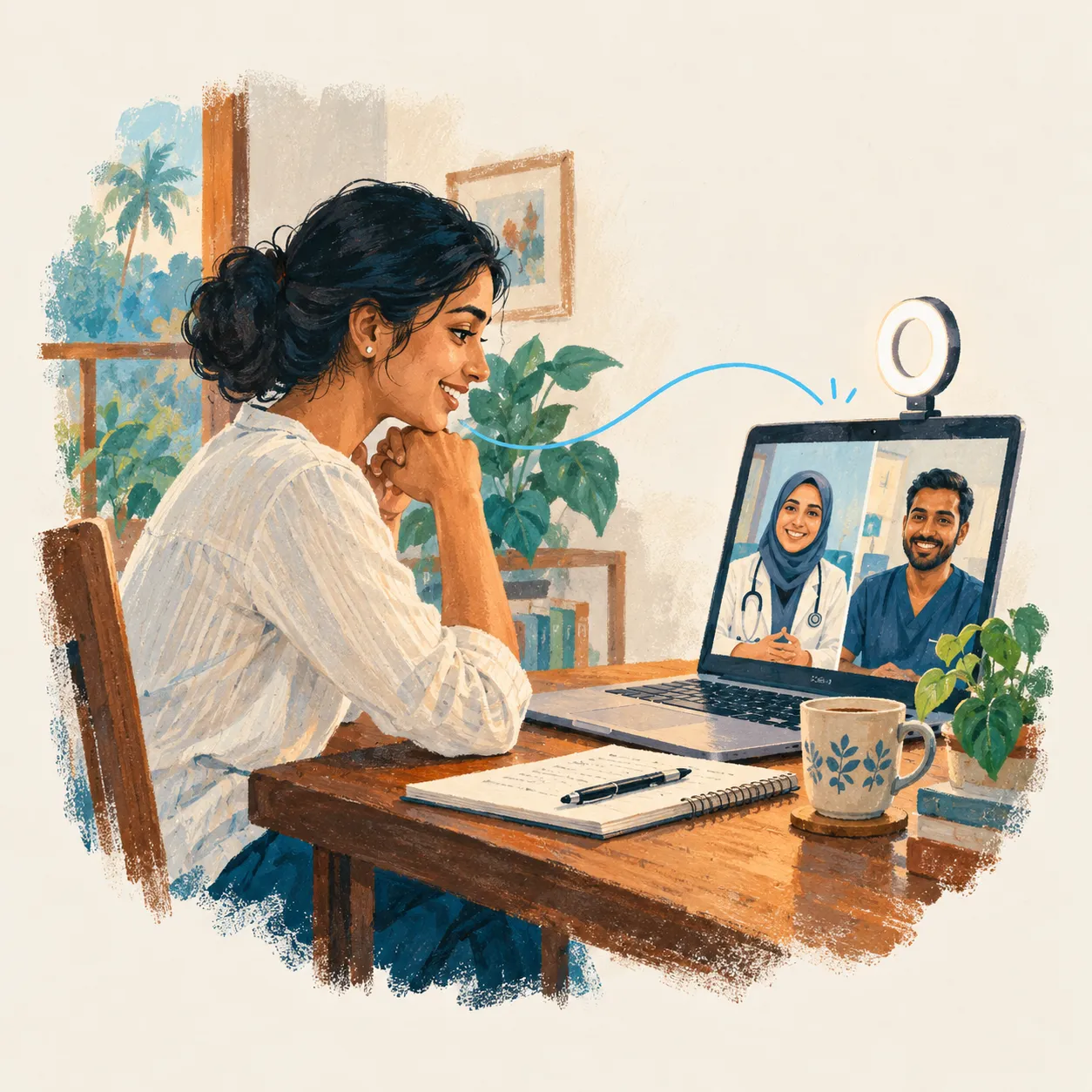 The nurse smiling at her laptop during a video interview with two hospital interviewers.