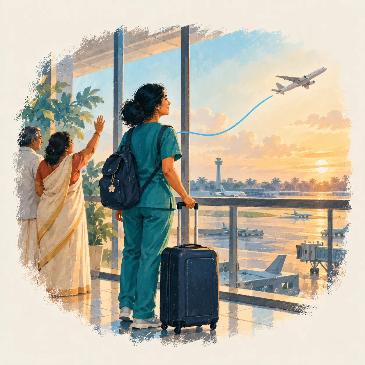 The nurse at the airport window with her suitcase, watching a plane take off while her parents wave goodbye.