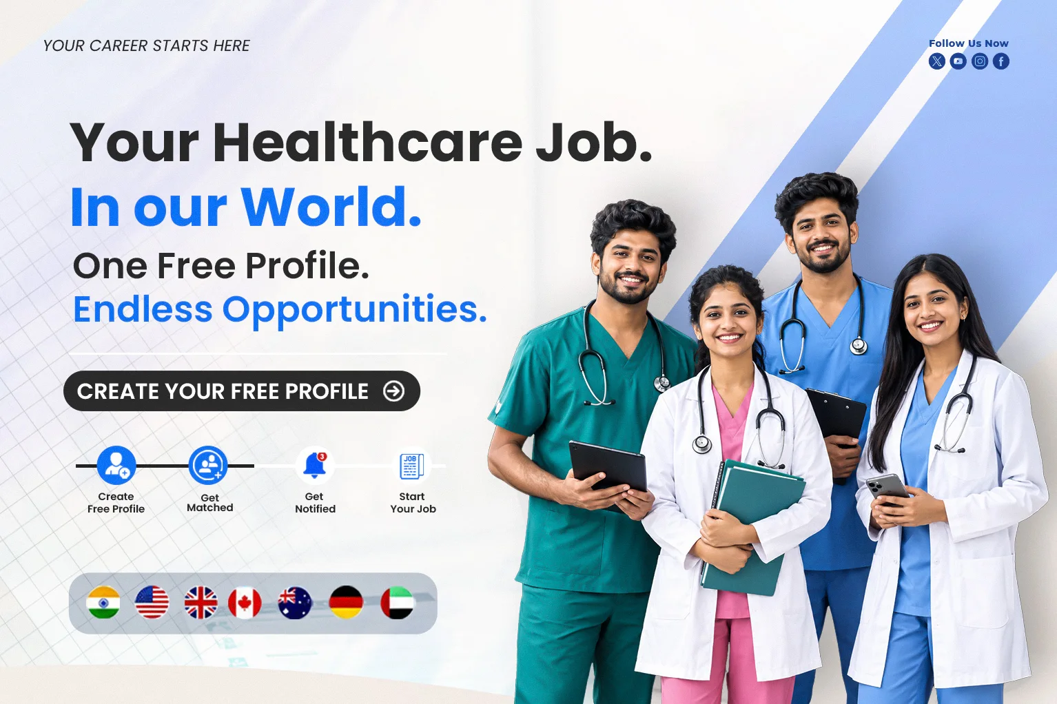 Your healthcare job, in our world. One free profile, endless opportunities. Create your free profile, get matched, get notified, start your job — in India, the USA, the UK, Canada, Australia, Germany and the UAE.